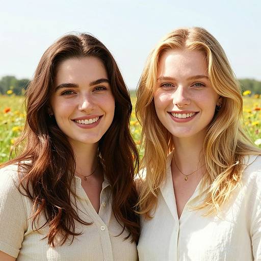 Photograph of two smiling women with long hair, one with dark brown hair and the other with blonde hair, standing in a sunlit field of yellow