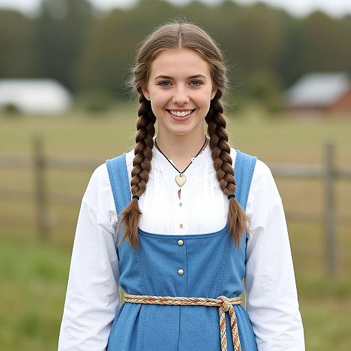 Photograph of a smiling young girl with braided brown hair, wearing a blue pinafore dress over a white blouse, standing in a green,