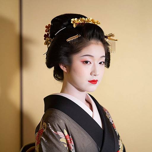 Photograph of a beautiful Japanese woman with pale skin, red lipstick, black hair in an intricate updo, wearing a black kimono adorned with floral