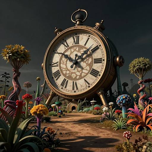 Photograph-style digital art: Giant, ornate clock with Roman numerals stands in a surreal garden of twisted, colorful flowers and fungi, under a