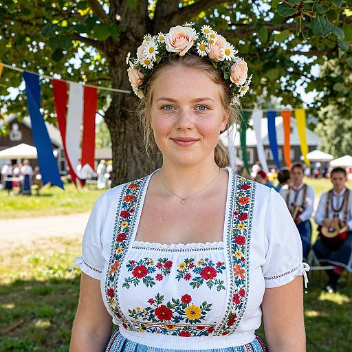Photograph of a blonde woman with a floral crown, wearing a white blouse with colorful floral embroidery, standing in a sunny, tree-filled park with colorful