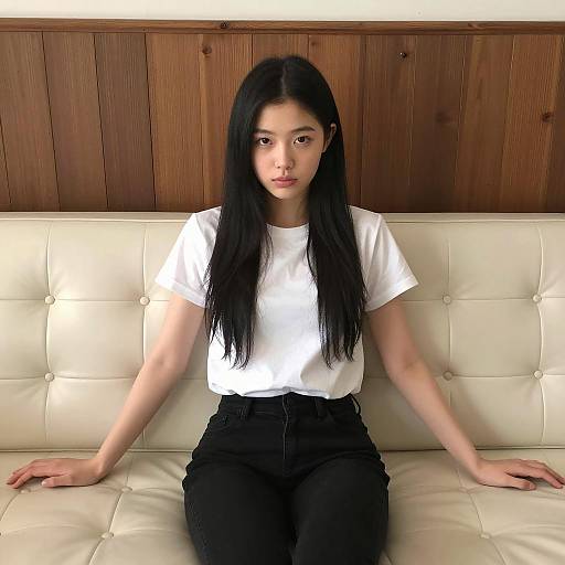 Young Woman Sitting on Cream Sofa