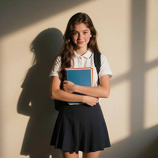 Photograph of a young girl with long brown hair, wearing a white shirt, black skirt, and holding a blue notebook, standing against a sunlit