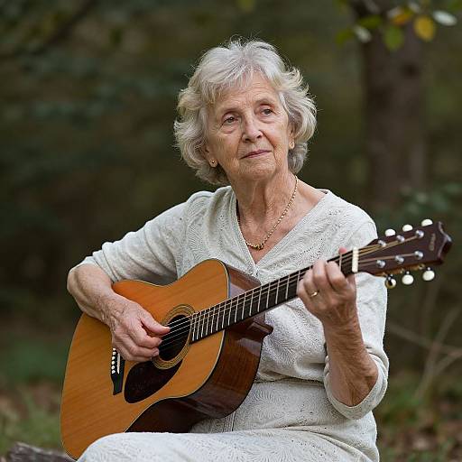 Photograph of an elderly woman with short gray hair, wearing a white lace blouse, playing an acoustic guitar outdoors in a forest.