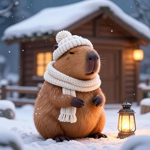 CGI image of a cute, brown beaver in a white knit hat and scarf, standing in snow beside a glowing lantern, in front of a