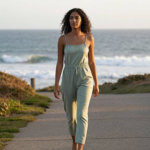 Photograph of a curly-haired woman in a light blue, spaghetti-strap romper walking on a coastal path with ocean waves in the background.