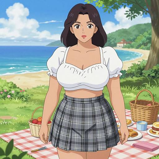 Anime-style drawing of a curvy woman with black hair, wearing a white crop top and gray plaid skirt, standing on a beach picnic blanket with
