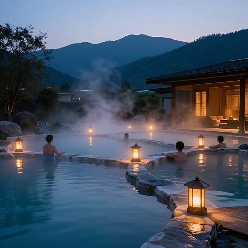 Photograph of a serene evening hot spring with six people, misty steam, lantern-lit water, and mountain backdrop. Warm lights illuminate the wooden