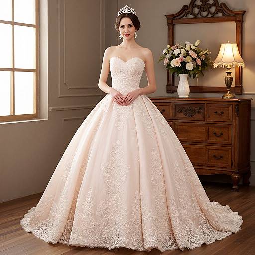 Elegant Blush Pink Lace Ball Gown