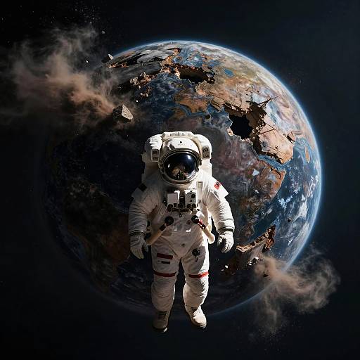 Photograph of an astronaut in a white spacesuit with a reflective helmet floating against a backdrop of Earth with visible continents and dark space, surrounded by swirling
