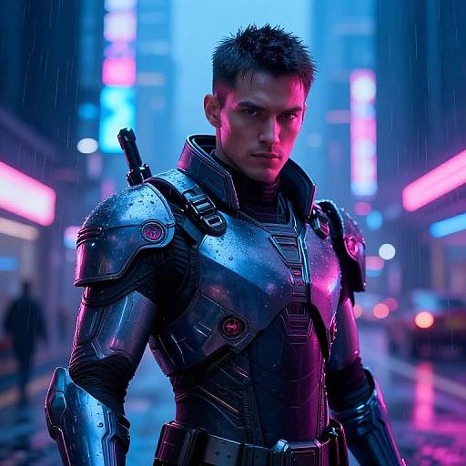 Cyberpunk cityscape photograph of a serious, wet, short-haired man in futuristic, metallic armor with glowing neon lights and rain.