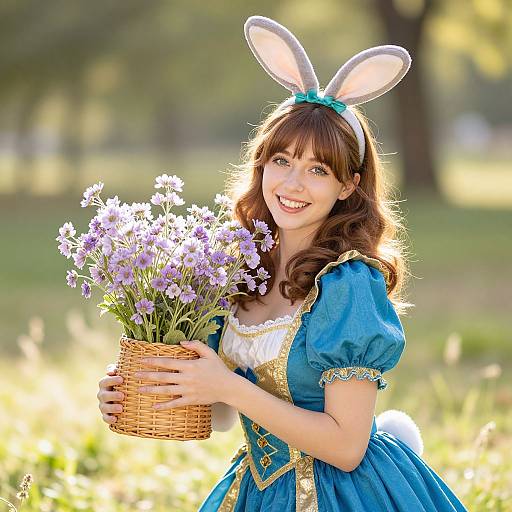 Cheerful Woman in Blue with Basket