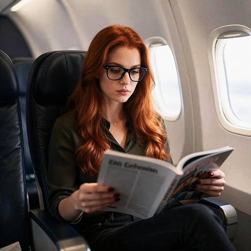 Red-Haired Woman Reading on Airplane