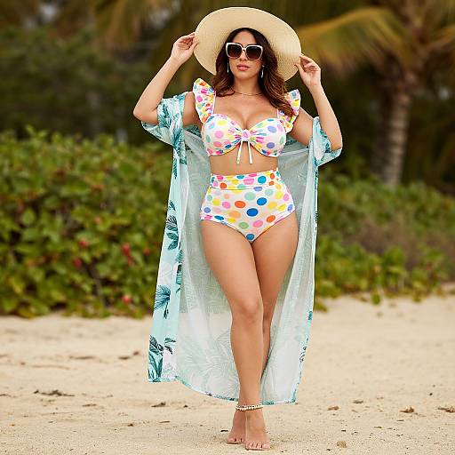Photograph of a curvy woman with tan skin, wearing a colorful polka dot bikini, open floral robe, straw hat, and sunglasses, walking