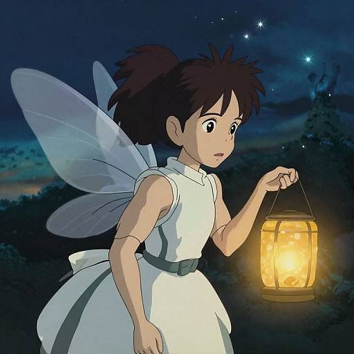 Anime-style illustration of a fairy girl with brown hair in a white dress, holding a glowing lantern in a dark, starry night.