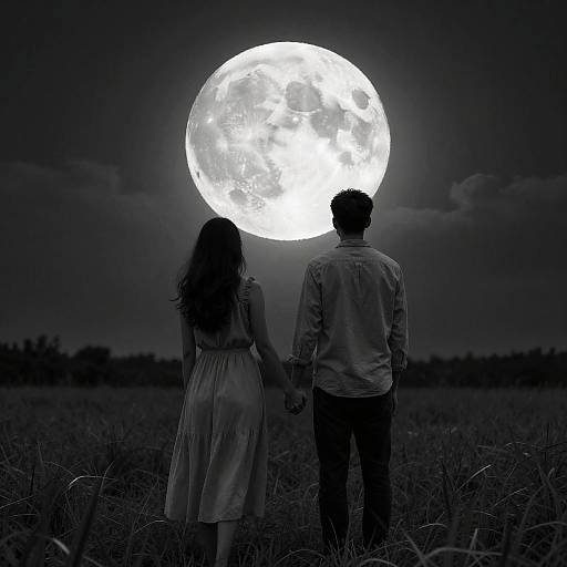 Black-and-white photograph of a couple holding hands, facing a bright full moon in a dark field at night.