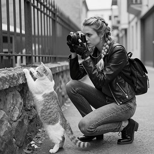 Woman photographing cat in urban alley