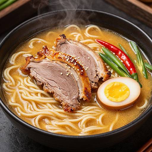 Photograph of steaming ramen bowl with juicy, caramelized beef slices, soft egg, green onions, and red chili peppers in rich broth.