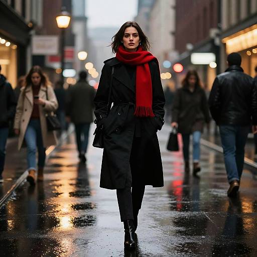 Rainy Evening Cityscape with Woman