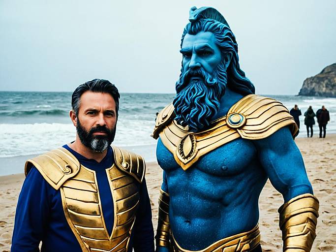 Photograph of a bearded man with dark hair and blue-skinned, muscular, bearded, armored figure with golden armor on a beach.