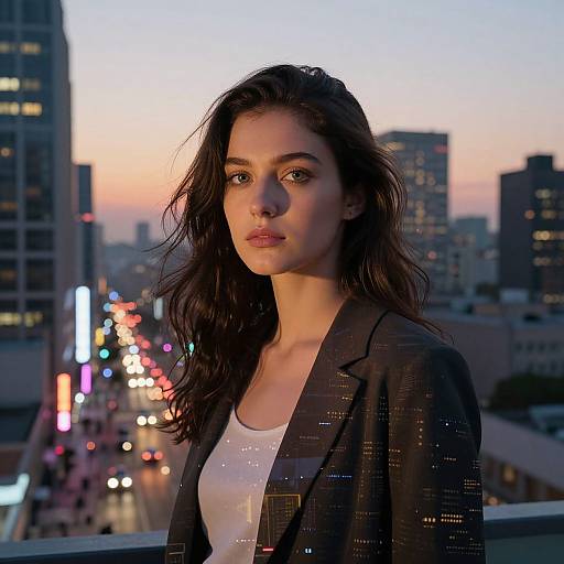 Photograph of a young woman with wavy dark hair, wearing a black patterned blazer over a white top, standing on a rooftop at sunset