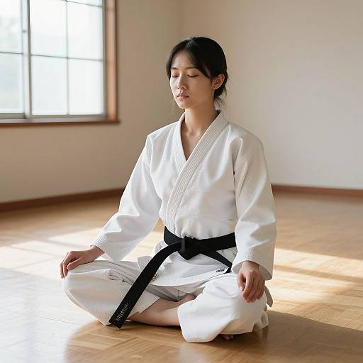 Photograph of an Asian woman with dark hair in a white judo gi and black belt, sitting cross-legged in a sunlit dojo.