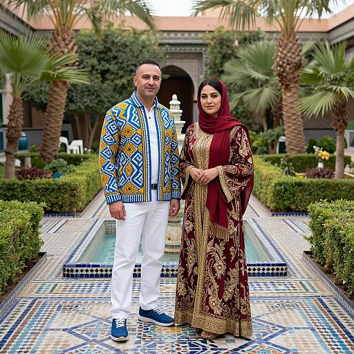 Photograph of a South Asian couple in vibrant traditional attire; he wears a colorful geometric jacket, white pants; she wears a maroon hijab,