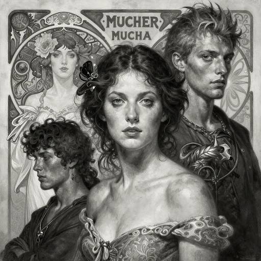 Monochrome digital artwork of four ethereal, classical-style figures with intricate, ornate backgrounds, labeled 