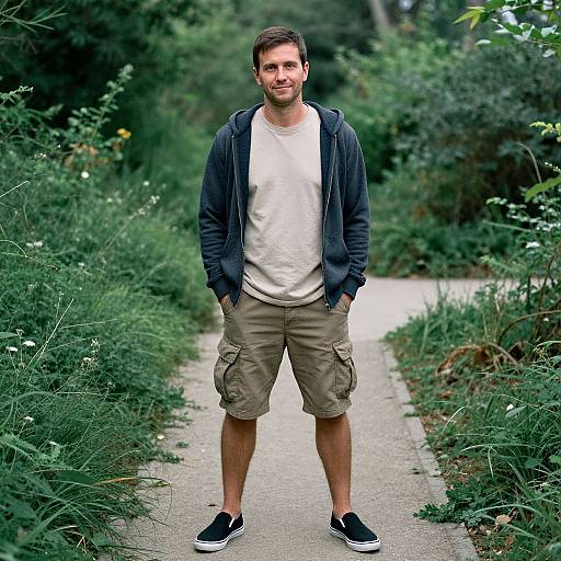 Photograph of a smiling, bearded man with short brown hair, wearing a navy hoodie, white t-shirt, beige cargo shorts, and black sneakers