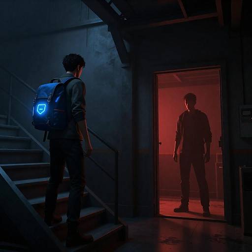 Two Figures in Dim Industrial Loft with Contrasting Lights