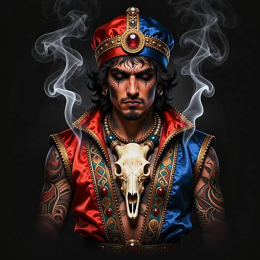 Man with Neotraditional Tattoos and Bone Skull Jewelry