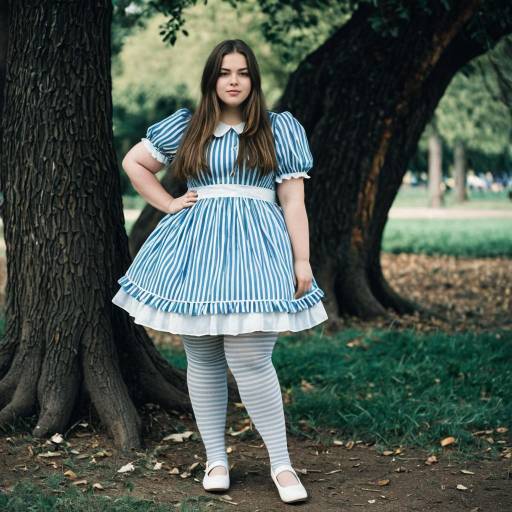 Plus Size Woman in Alice in Wonderland Style Dress Outdoors
