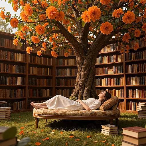 Photograph of a woman in a white dress lying on a floral chaise under an orange-blossoming tree, surrounded by bookshelves and scattered