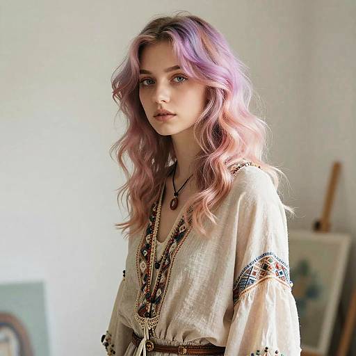 Photograph of a young woman with wavy, purple-pink hair, wearing a beige, embroidered top, standing in a softly lit room.