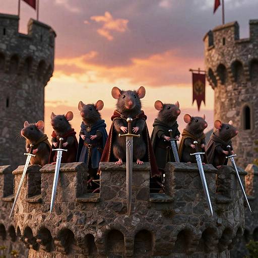 Photograph of anthropomorphic black mice in medieval cloaks, standing on a stone castle turret with swords, against a sunset sky.