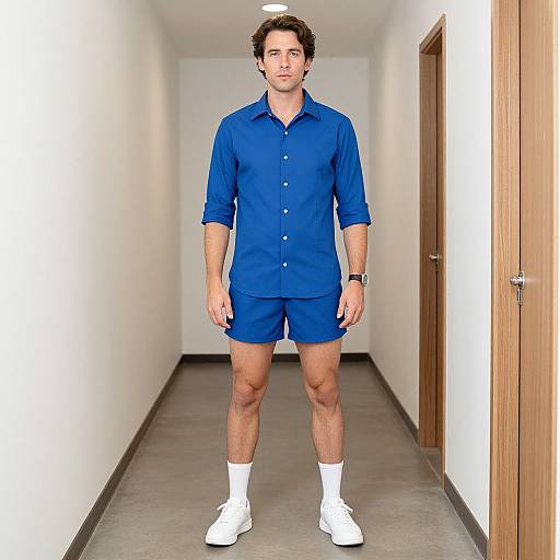 Photograph of a young man with short brown hair, wearing a blue button-up shirt, blue shorts, white socks, and white sneakers, standing in
