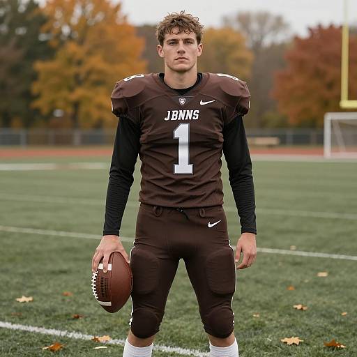 Male Football Player in Brown Uniform Holding Football