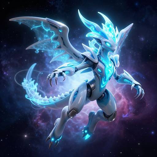 Digital art of a glowing, blue and white, robotic dragon with neon wings and claws, floating in a cosmic, star-filled background.