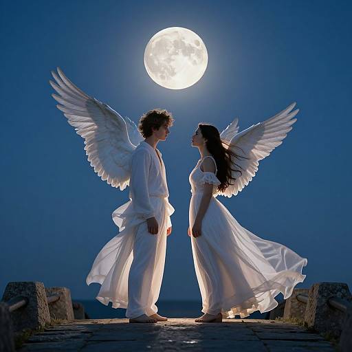 Photograph of a couple with white angel wings, facing each other under a full moon, wearing flowing white robes, on a stone path.