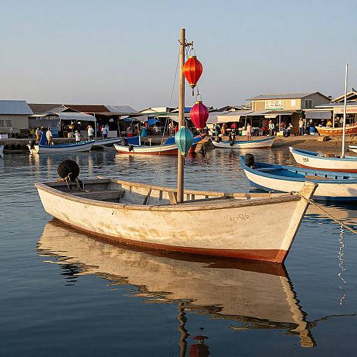 Photograph of a sunlit harbor with a weathered white boat in the foreground, colorful buoys, and several other boats floating, with rustic