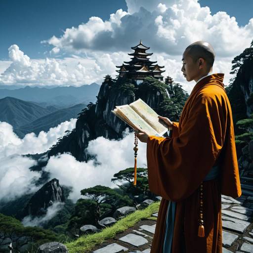 Monk Exploring Mountain Temple with Map