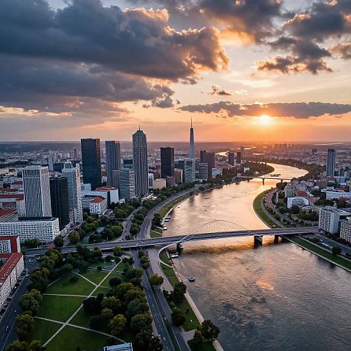 Aerial photograph of a city at sunset, showcasing a river with a bridge, skyscrapers, and vibrant orange and blue sky.