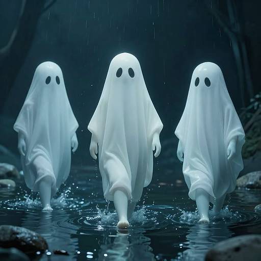 Photograph of three white, ghostly figures with black eyes, walking through a dark, rainy forest stream, creating splashes in the water.