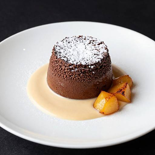 Photograph of a chocolate dome cake dusted with powdered sugar, served on a white plate with caramelized apple slices and a creamy sauce. Black background