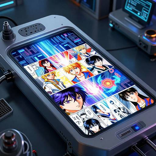 Digital anime collage on a futuristic, glowing touchscreen terminal in a high-tech lab, featuring vibrant characters and dynamic lighting effects.