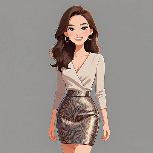 Digital anime-style drawing of a smiling Asian woman with long dark hair, wearing a white V-neck blouse and a black patterned skirt.