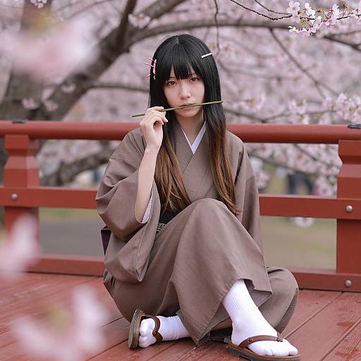 Cherry Blossom Scene with Calm Figure