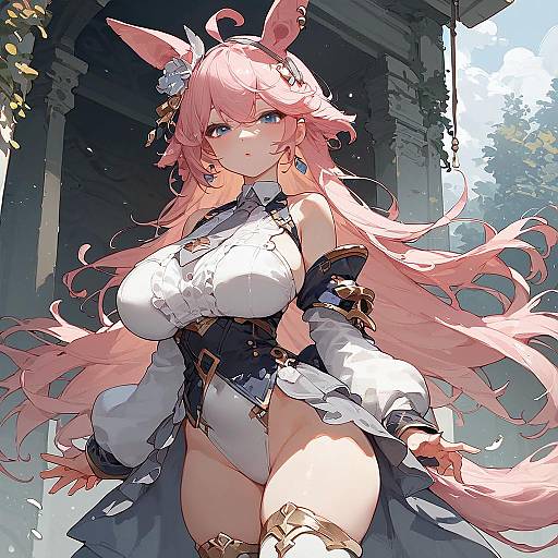 Digital anime artwork of a pink-haired, blue-eyed, busty girl with bunny ears, wearing a frilled white and black outfit, standing in a sun