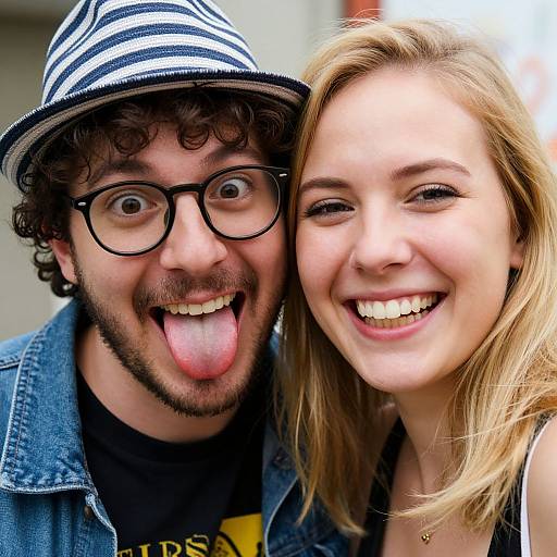 Photograph of a smiling young couple; man with curly hair, striped hat, and black-rimmed glasses, sticking out tongue; woman with blonde