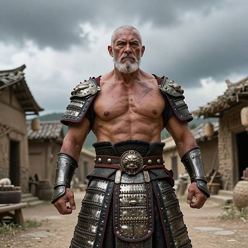 Photograph of a muscular, elderly, white-bearded warrior with silver hair, wearing metal armor and a leather skirt, standing in a rustic village with